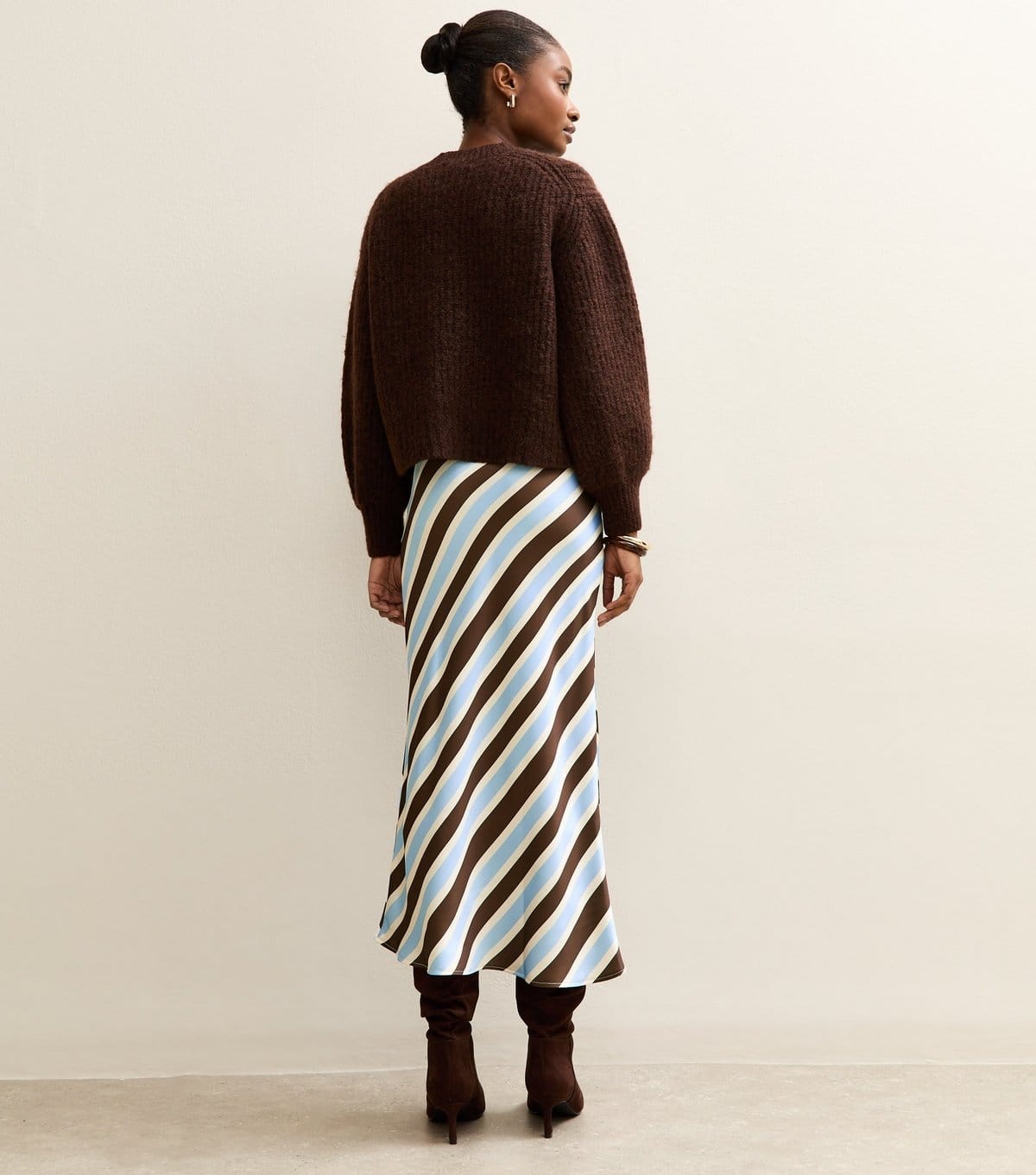 New Look Women's Brown Satin Striped Bias Cut Midi Skirt New Look - 4