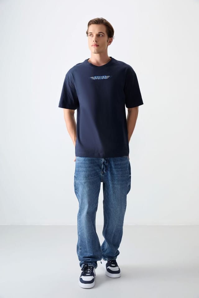 Tommy Life Tommy Life Men's Oversized Cotton Logo T-Shirt in Navy - 2