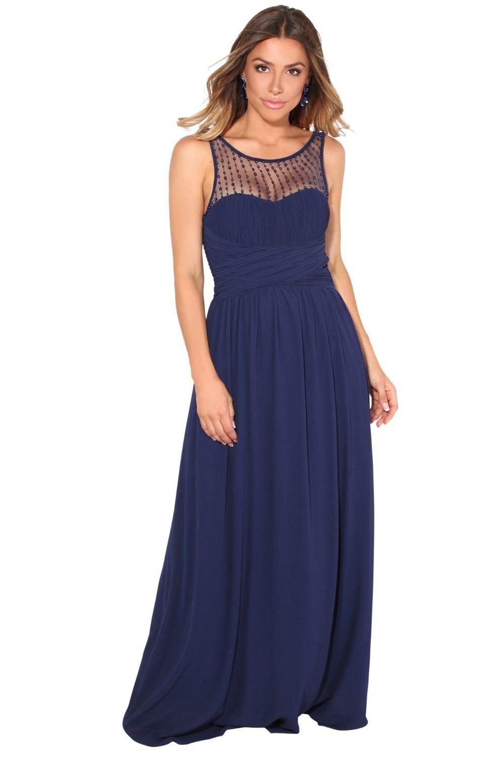 KRISP KRISP Women's Gem & Mesh Front Chiffon Maxi Dress in Navy - 4