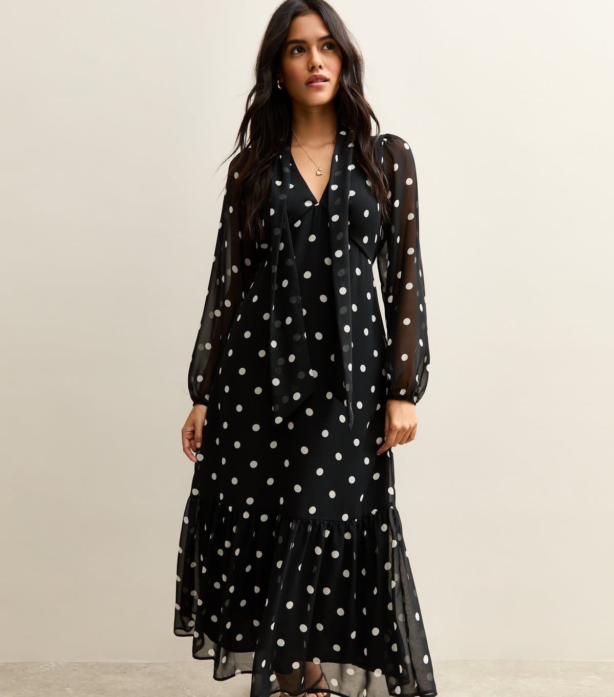 New Look Women's Black Polka Dot Bow Chiffon Midi Dress New Look