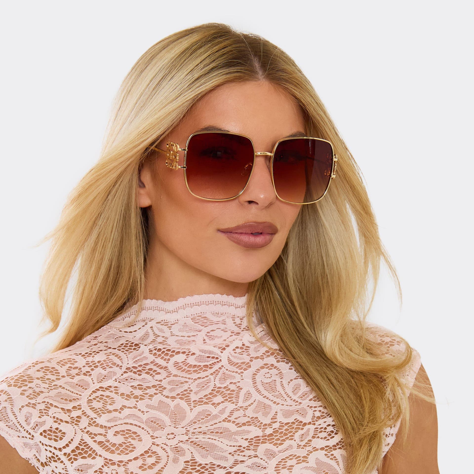 EGO Side Swirl Detail Brown Tinted Lense Oversized Square Shaped Sunglasses In Gold, Women's Size UK 0