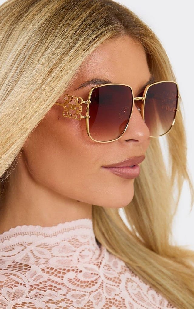 EGO Side Swirl Detail Brown Tinted Lense Oversized Square Shaped Sunglasses In Gold, Women's Size UK 0 - 2