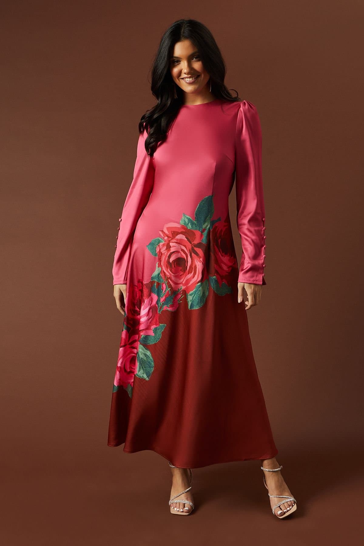 Oasis Oasis Women's Premium Satin Placement Print Button Detail Maxi Dress in Pink