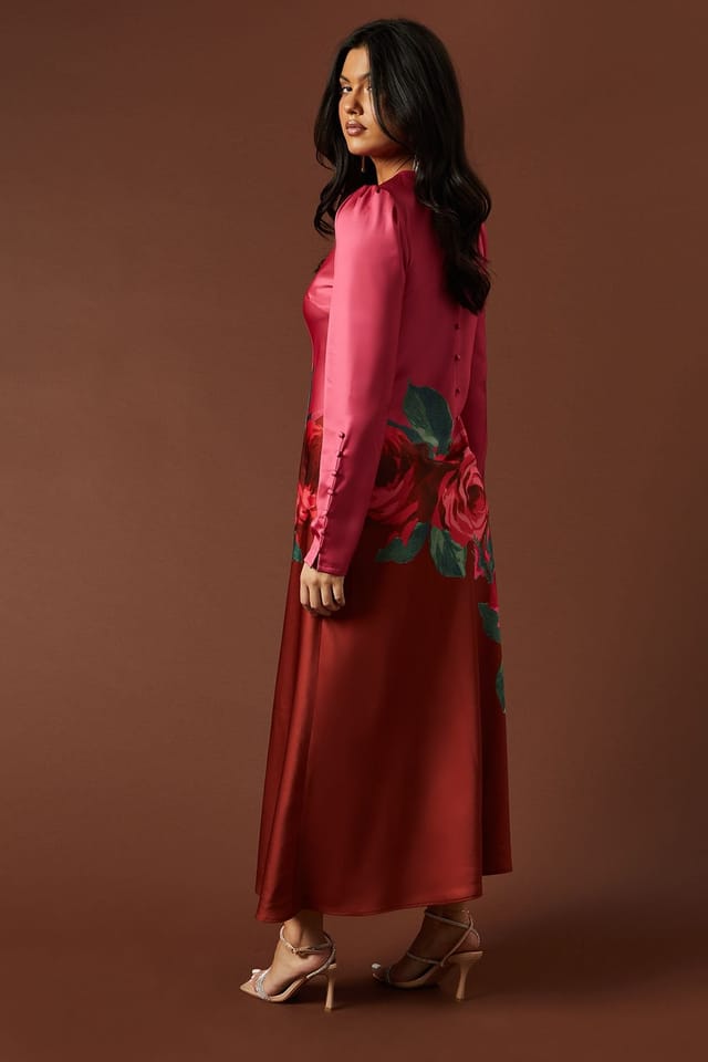 Oasis Oasis Women's Premium Satin Placement Print Button Detail Maxi Dress in Pink - 3