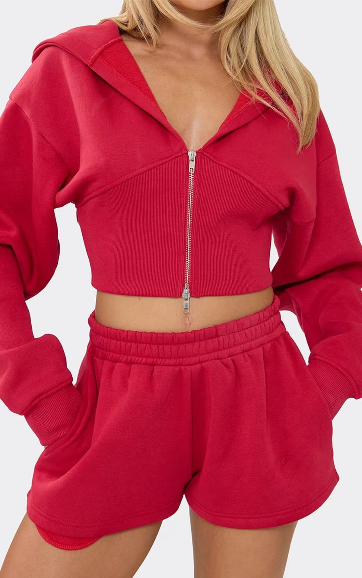 EGO Red Sweat Material Long Sleeve Double Zip Cropped Hoodie