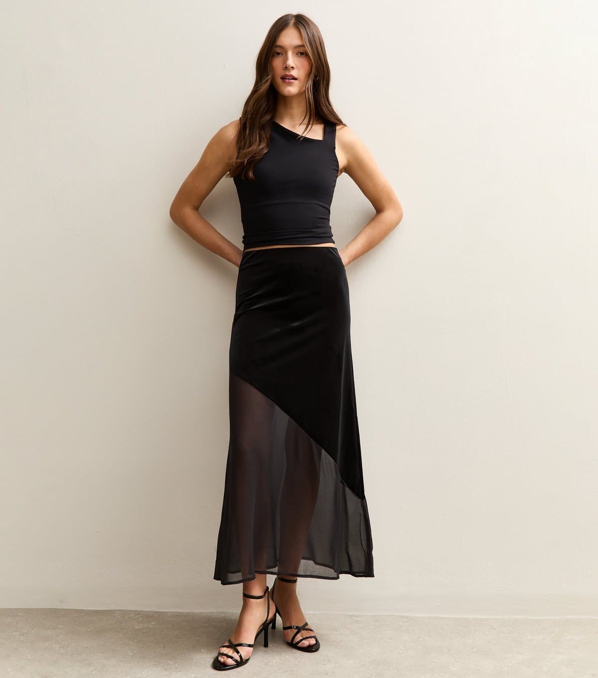 New Look Women's Black Chiffon and Velvet Midi Skirt New Look