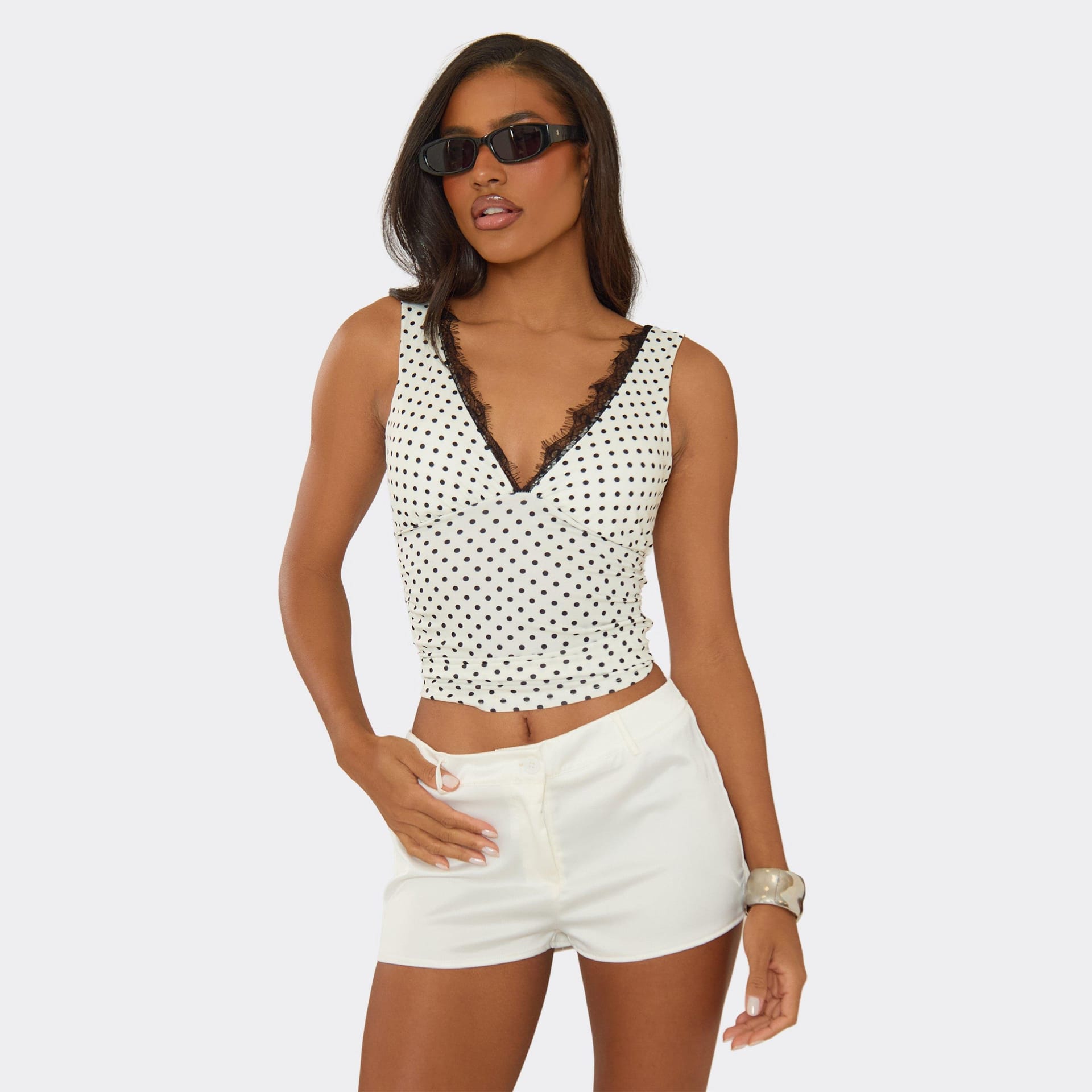 EGO White Polka Dot V-Neck Lace Trim Crop Top