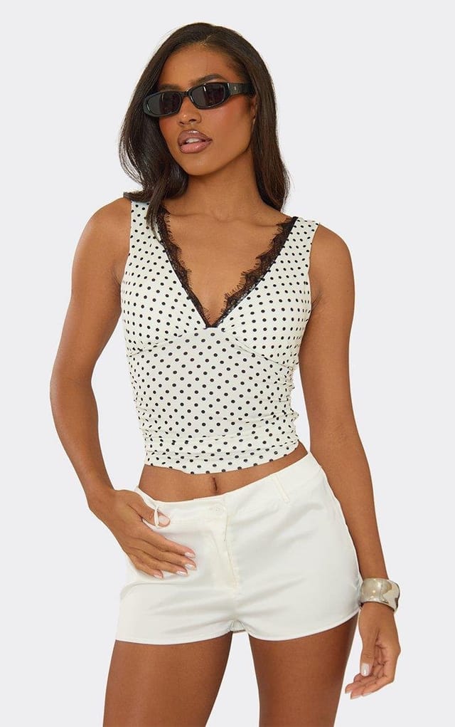 EGO V Neck Lace Trim Top In White Polka Dot, Women's Size UK L - 2