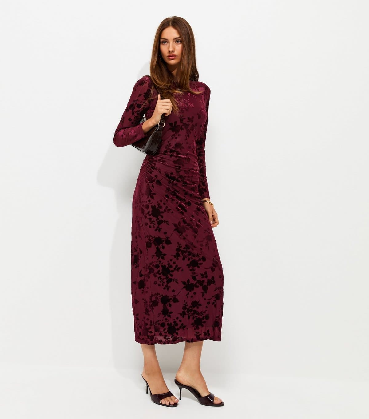 New Look Women's Dark Burgundy Flocked Velvet Long Sleeve Midi Dress New Look