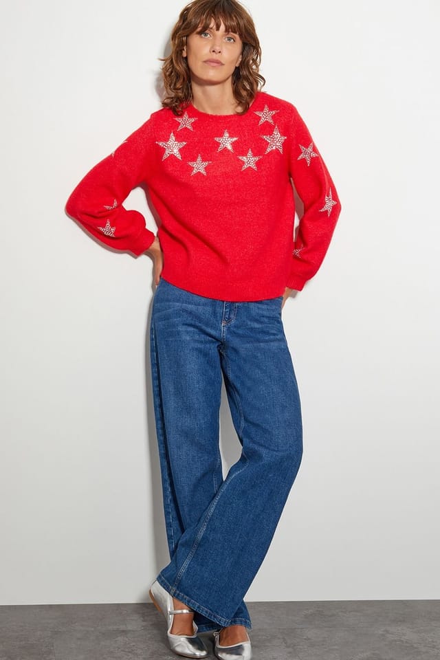 Monsoon Monsoon Women's Sabrina Embellished Star Jumper Red - 2