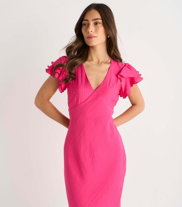 Gini London Women's Dark Pink V Neck Ruffle Midi Dress Gini London New Look - 2
