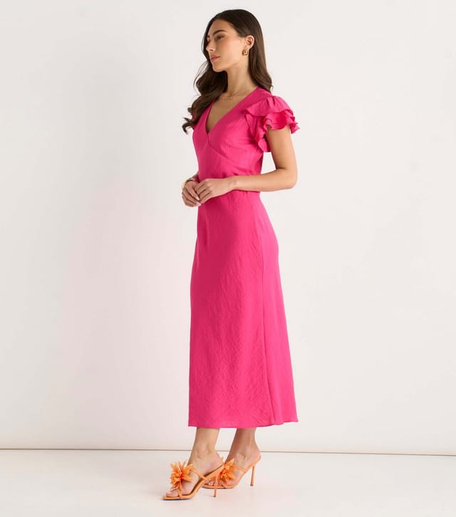 Gini London Women's Dark Pink V Neck Ruffle Midi Dress Gini London New Look - 3