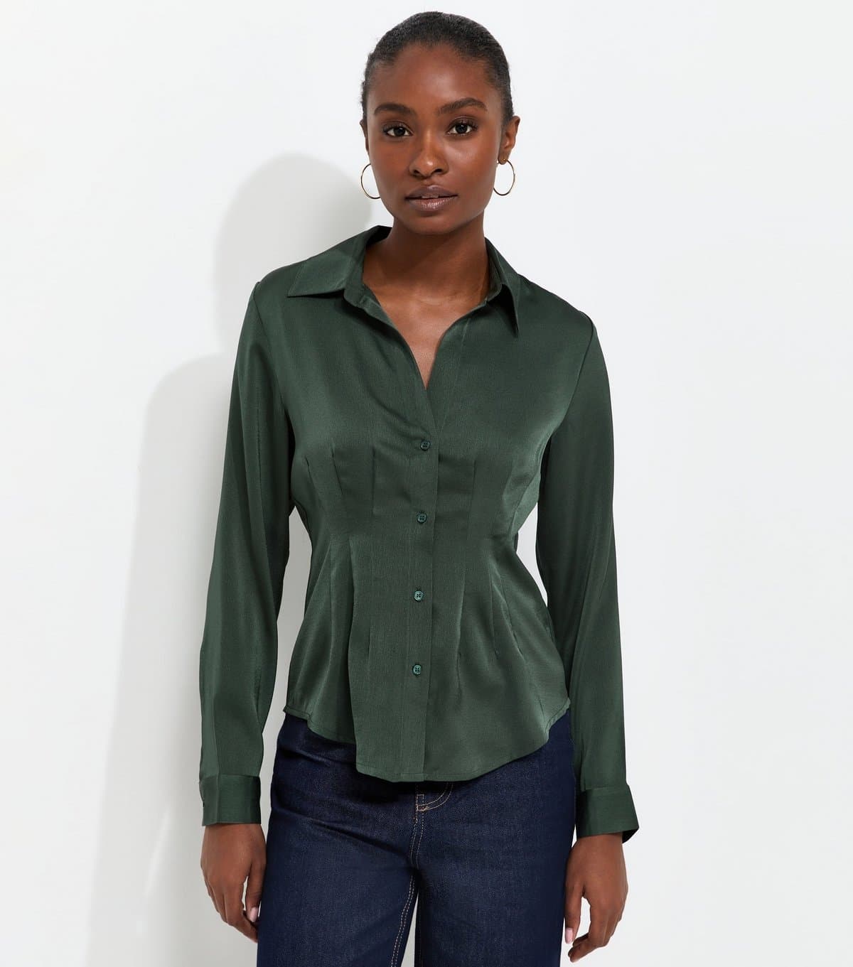 New Look Women's Dark Green Satin Pleated Waist Shirt New Look