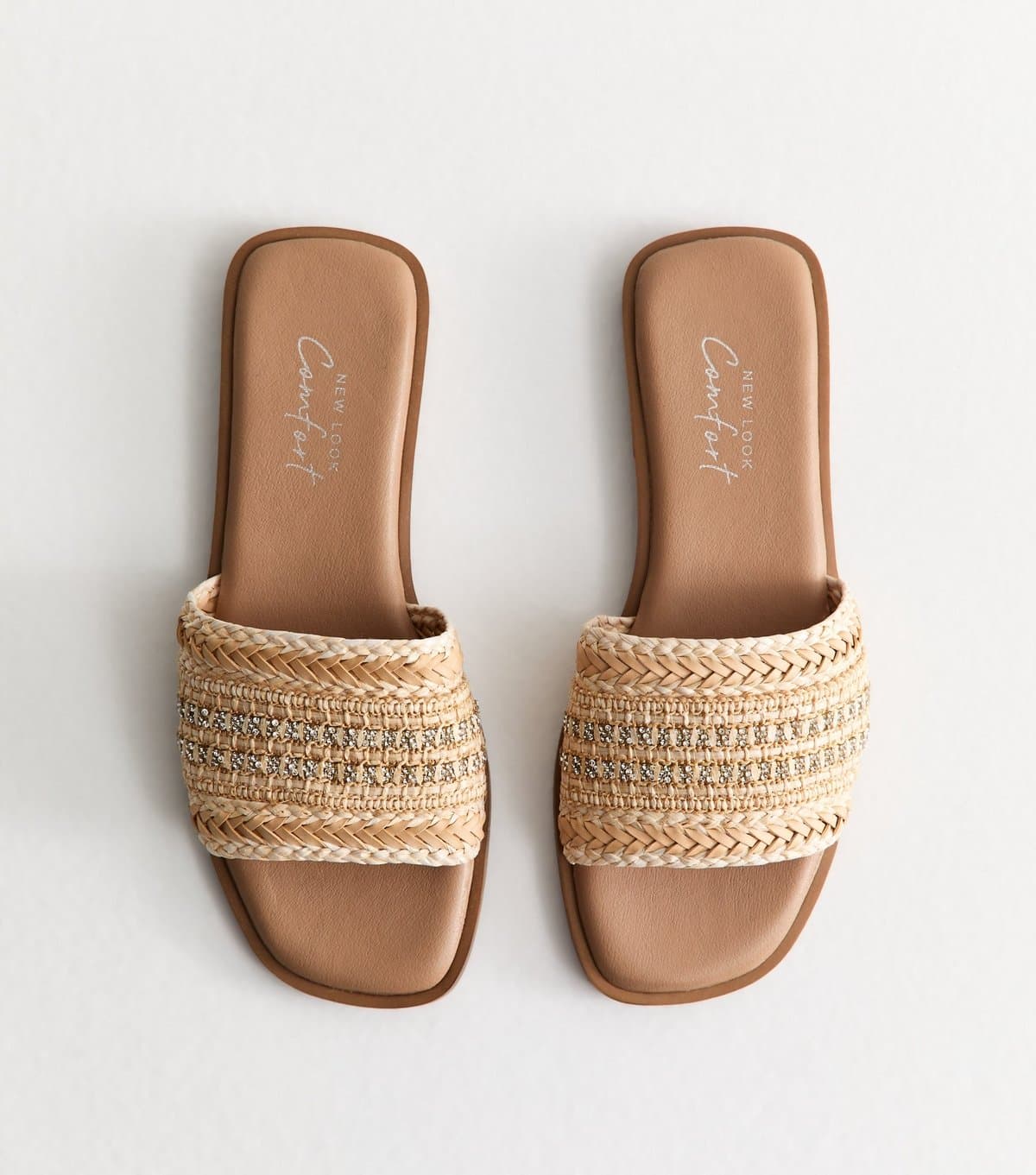 New Look Women's Wide Fit Off White Embellished Raffia Strap Faux Leather Mules Vegan New Look