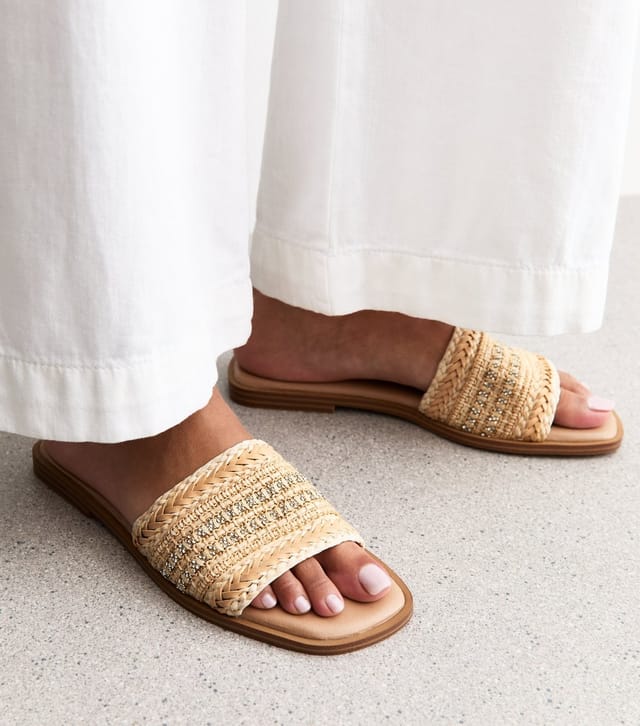 New Look Women's Wide Fit Off White Embellished Raffia Strap Faux Leather Mules Vegan New Look - 2