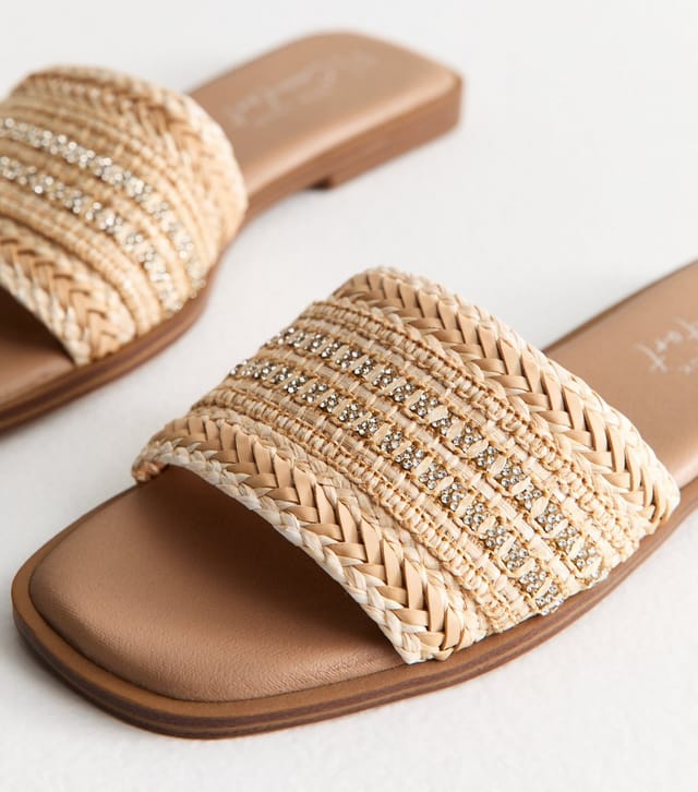 New Look Women's Wide Fit Off White Embellished Raffia Strap Faux Leather Mules Vegan New Look - 3