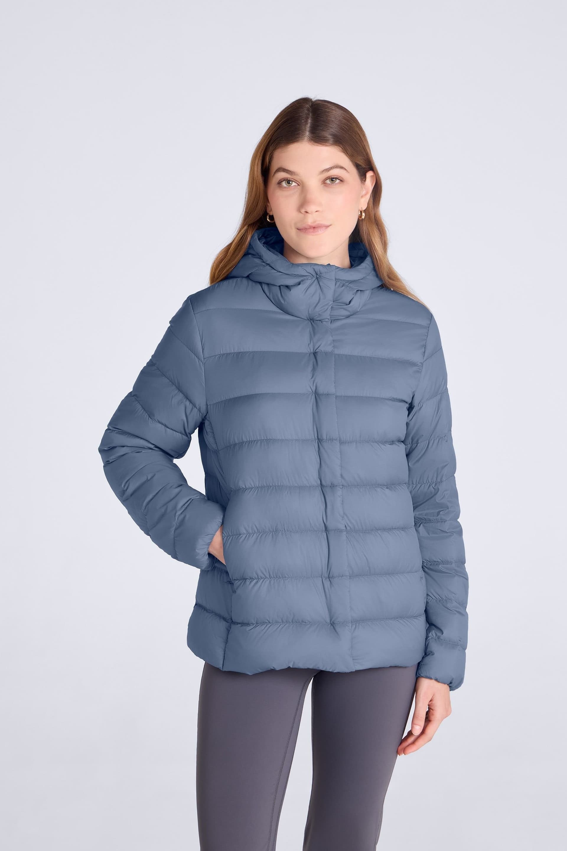 Animal Animal Women's Lightweight Water Resistant Packable Warm Hooded Puffer Down Jacket in Light Blue