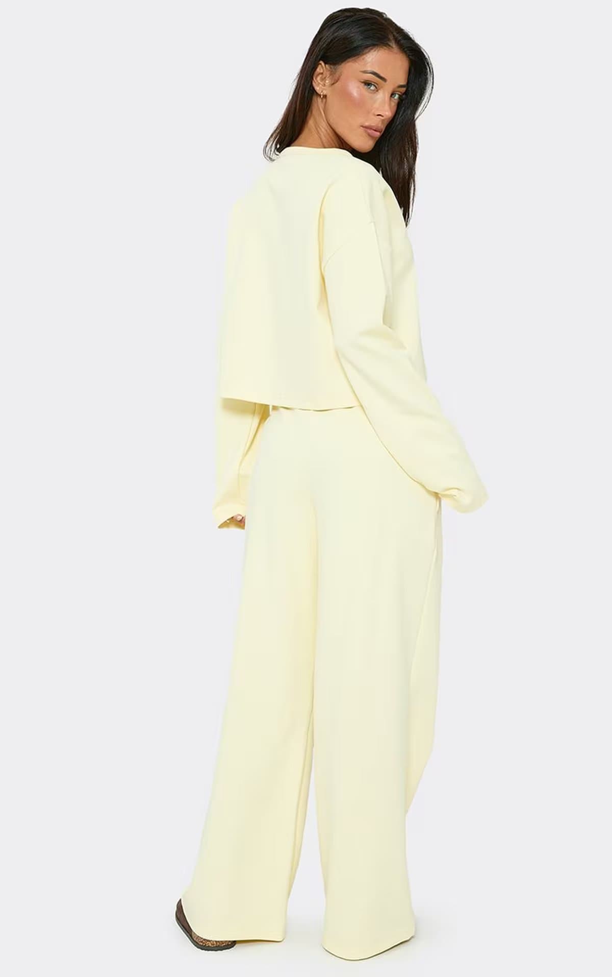 EGO Mid Rise Wide Leg Joggers In Lemon Interlock, Women's Size UK 6
