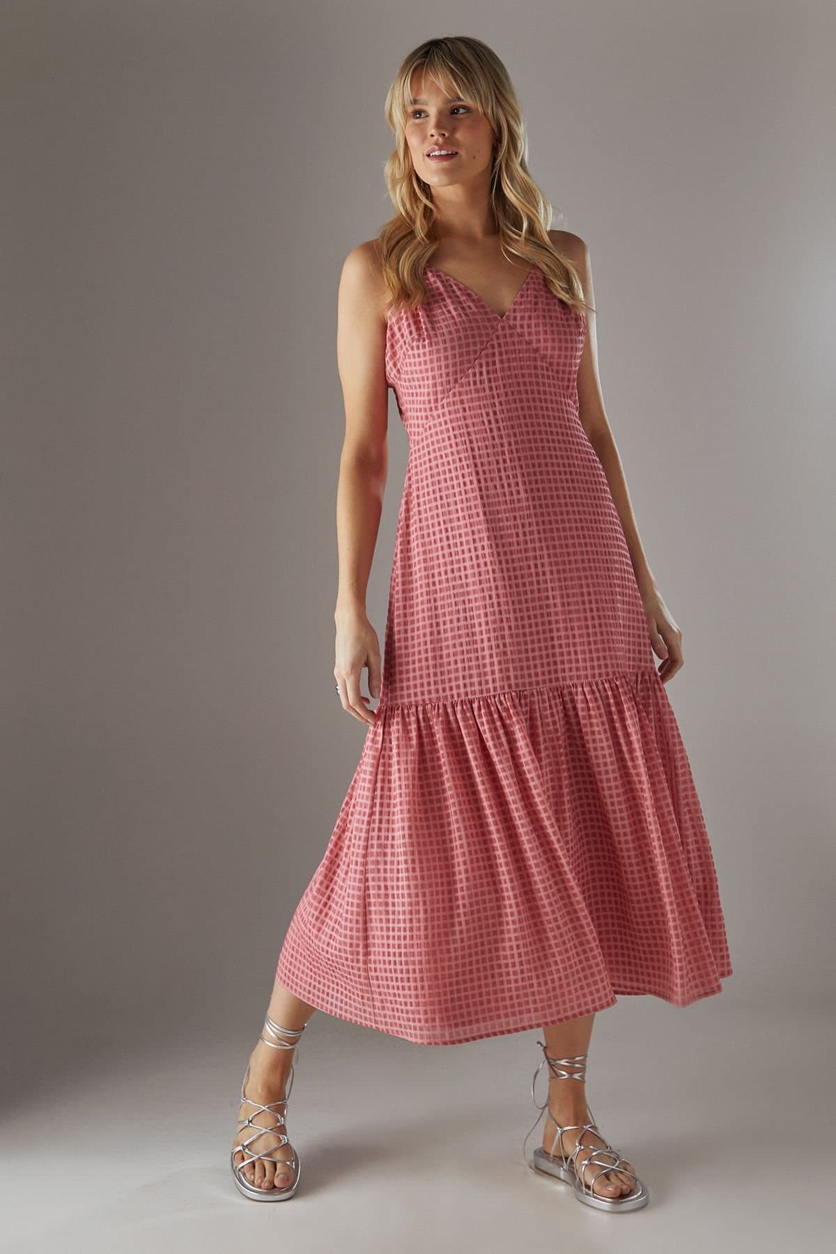 Warehouse Warehouse Women's Check Organza High Apex Strappy Midi Dress in Pink