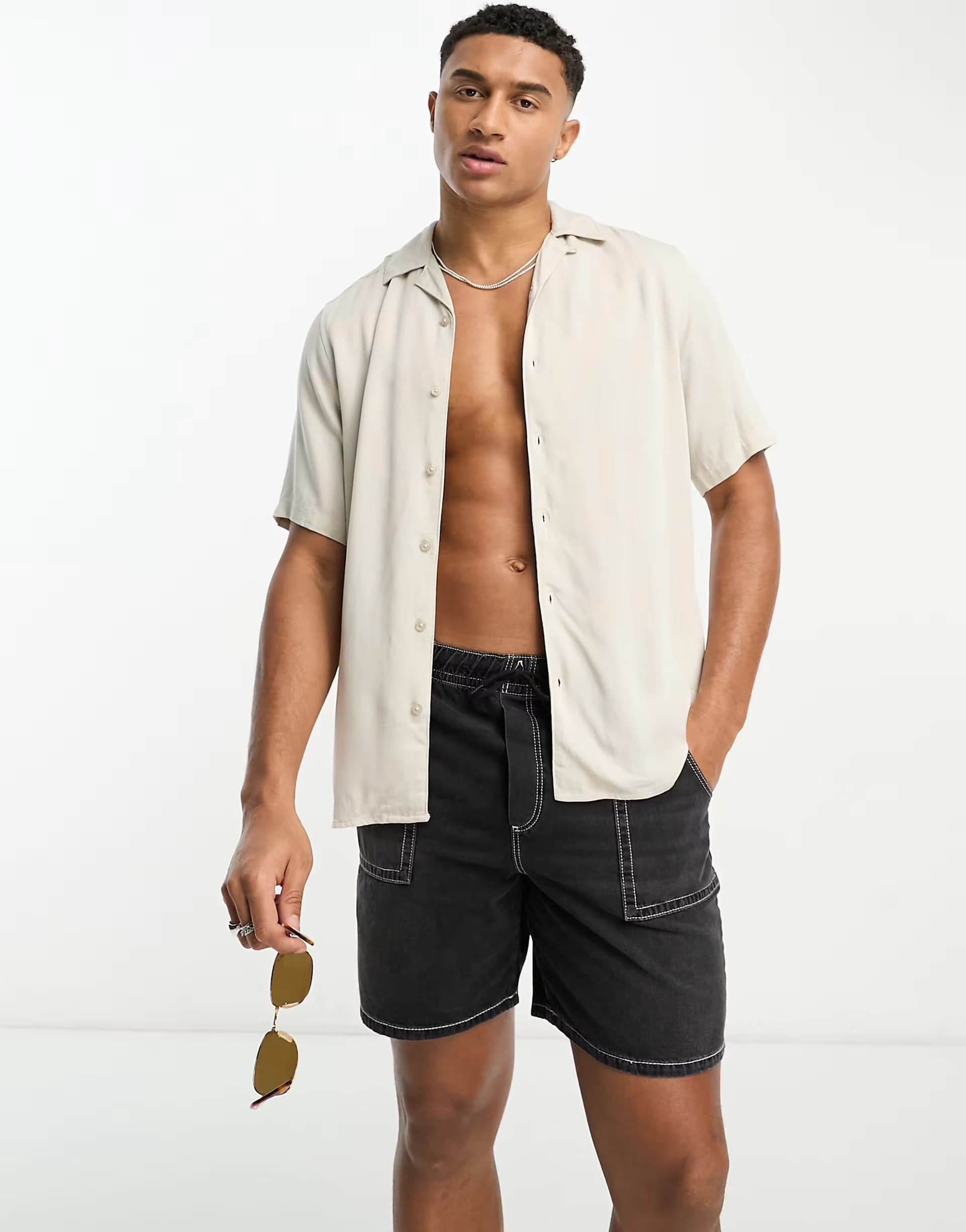 ASOS ONLY & SONS short sleeve viscose shirt with revere collar in beige