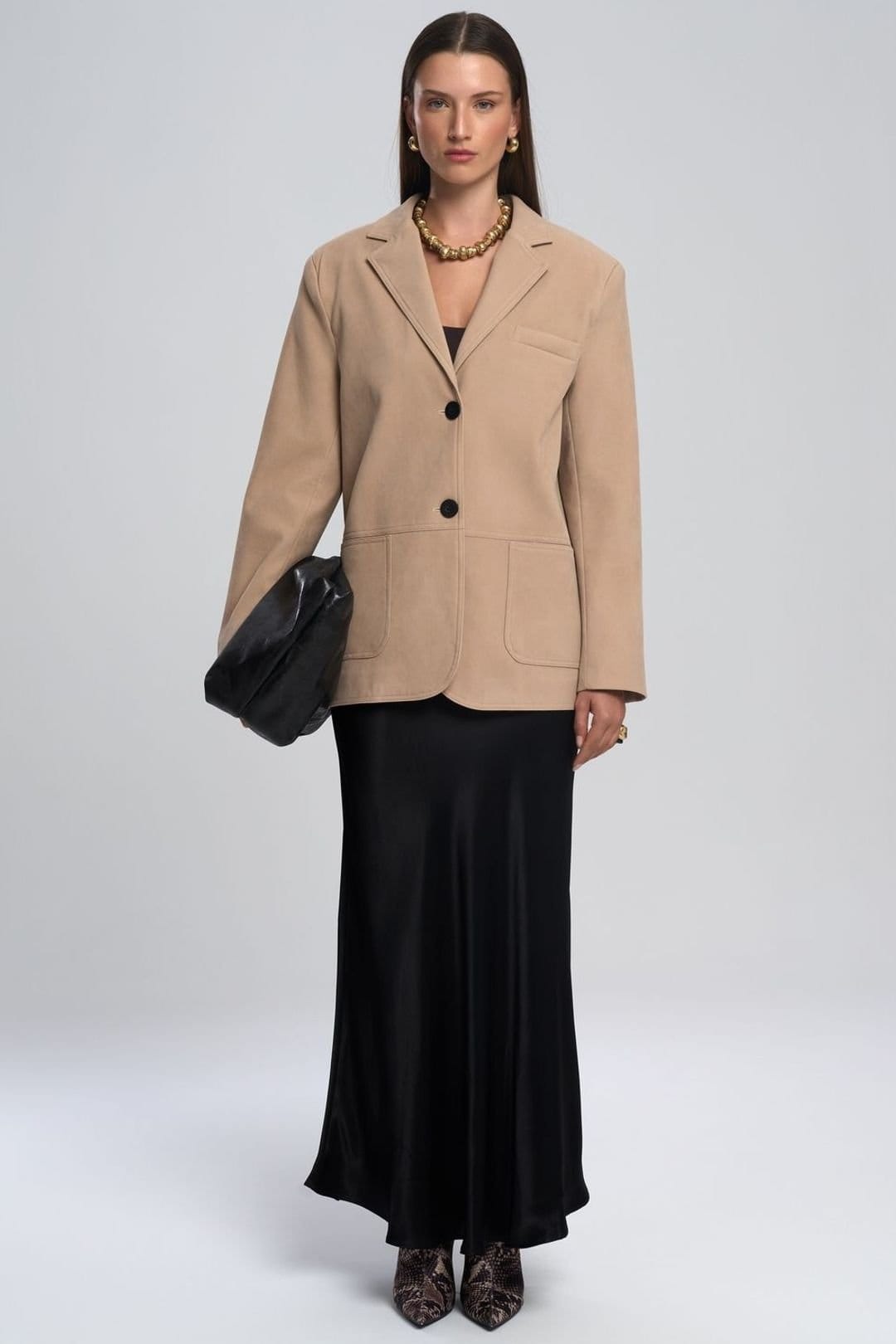 MAI STUDIOS CO. Black Satin Maxi Skirt with Belt Detail