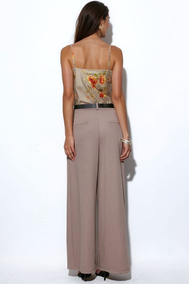 Busem Busem Women's High-Waist Wide-Leg Crepe Trousers With Belt in Tan - 3