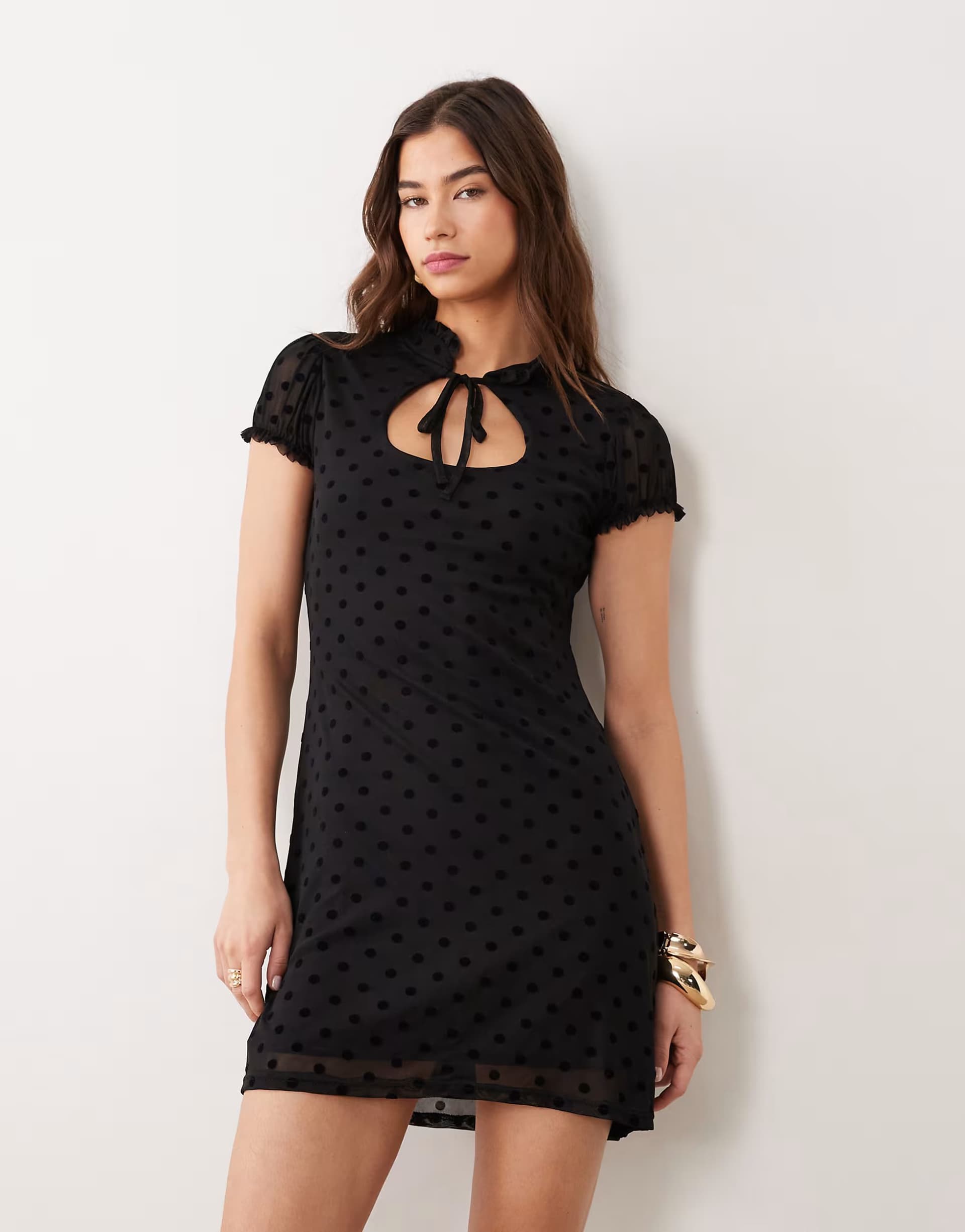 ASOS Miss Selfridge cap sleeve keyhole mini dress in mesh  polka dot