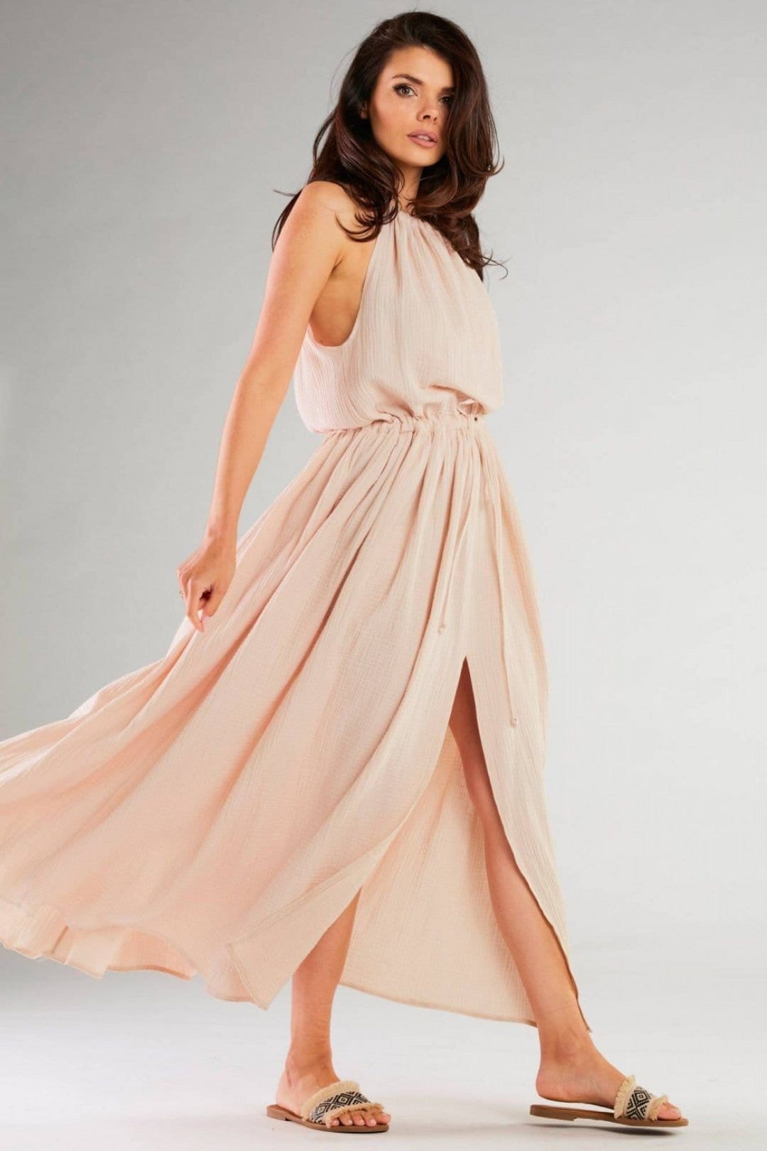 Love Lace Beige Ribbed Halter Day Dress with Side Slits