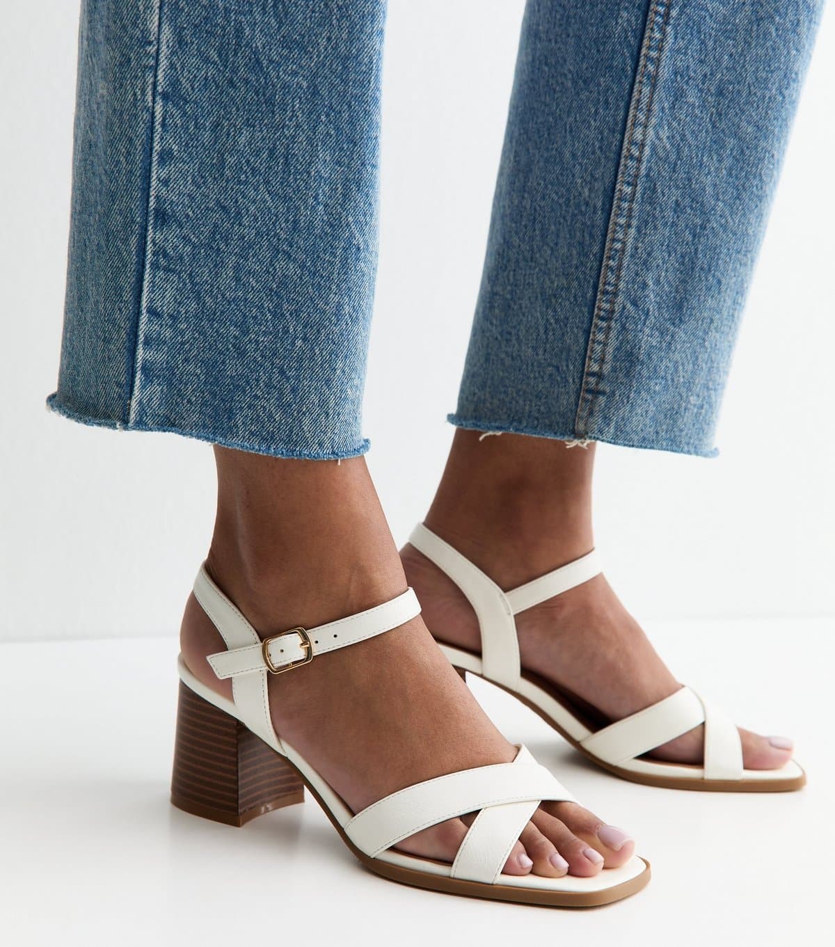 New Look Women's White Faux Leather Block Heel Sandals Vegan New Look