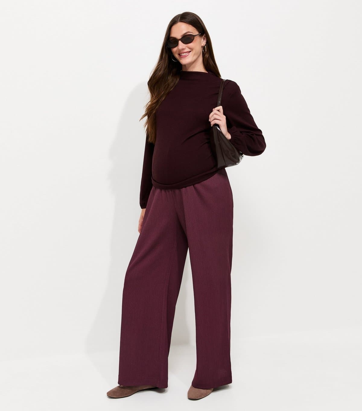 New Look Women's Maternity Dark Burgundy Crinkle Texture Wide Leg Trousers New Look