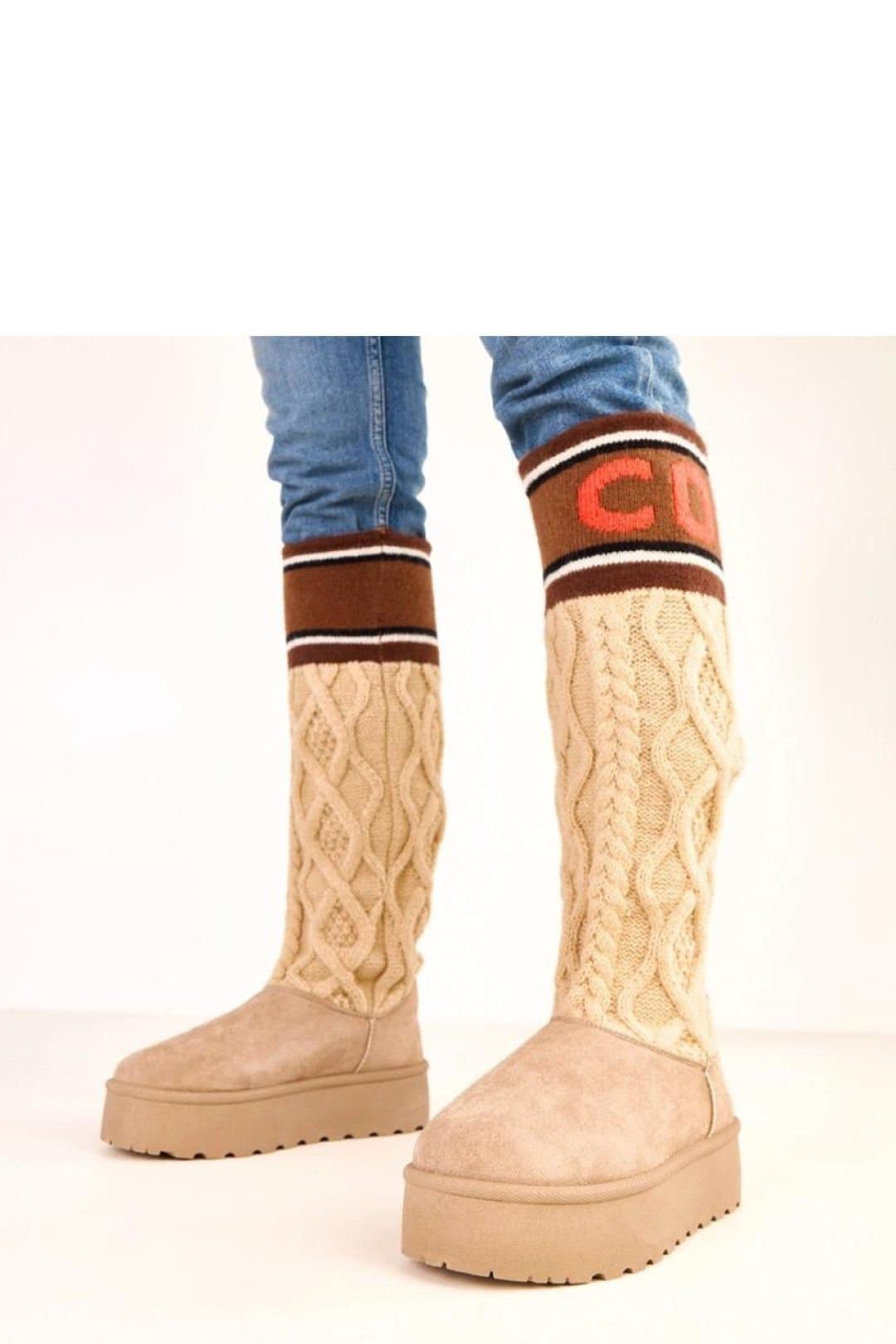 Love Lace Love Lace Women's Faux Suede Knit Cuff High Upper Snow Boots Warm Platform in Beige