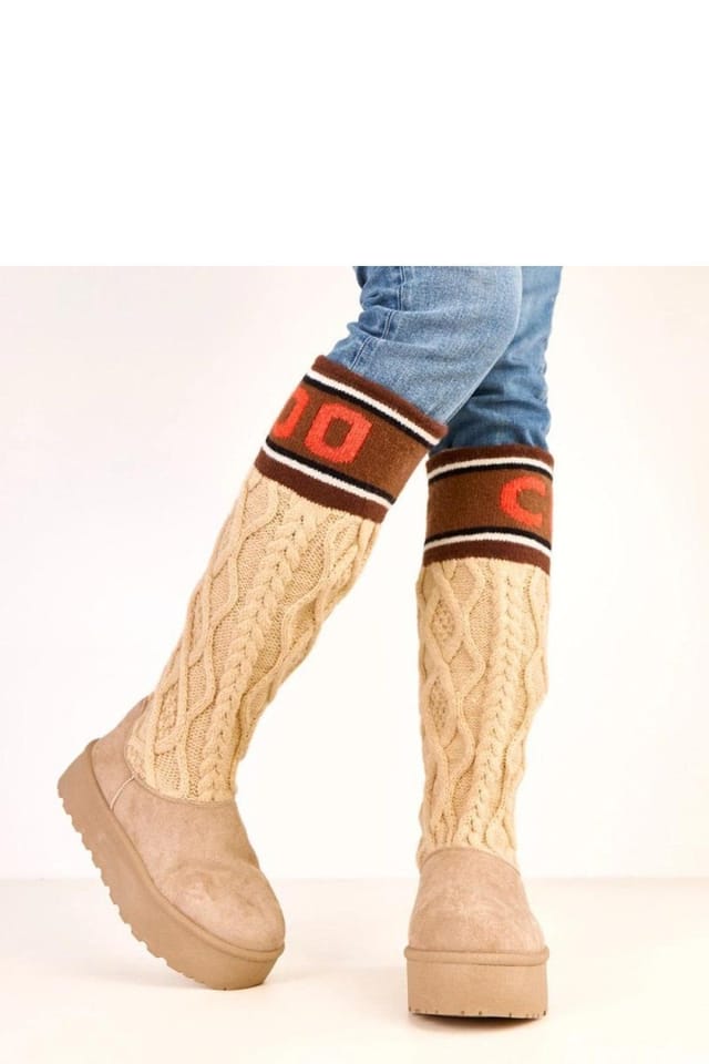 Love Lace Love Lace Women's Faux Suede Knit Cuff High Upper Snow Boots Warm Platform in Beige - 2