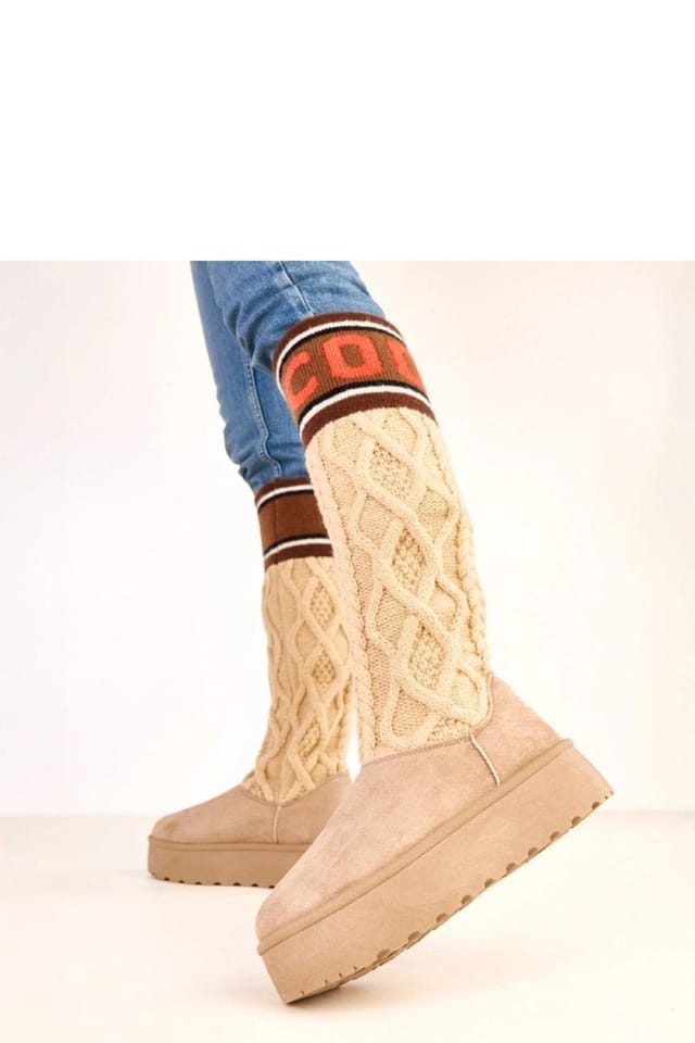 Love Lace Love Lace Women's Faux Suede Knit Cuff High Upper Snow Boots Warm Platform in Beige - 3