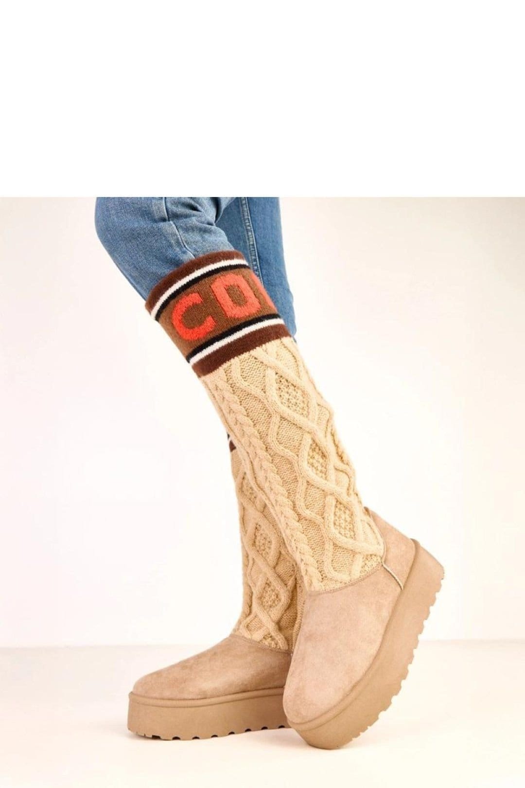 Love Lace Love Lace Women's Faux Suede Knit Cuff High Upper Snow Boots Warm Platform in Beige - 4