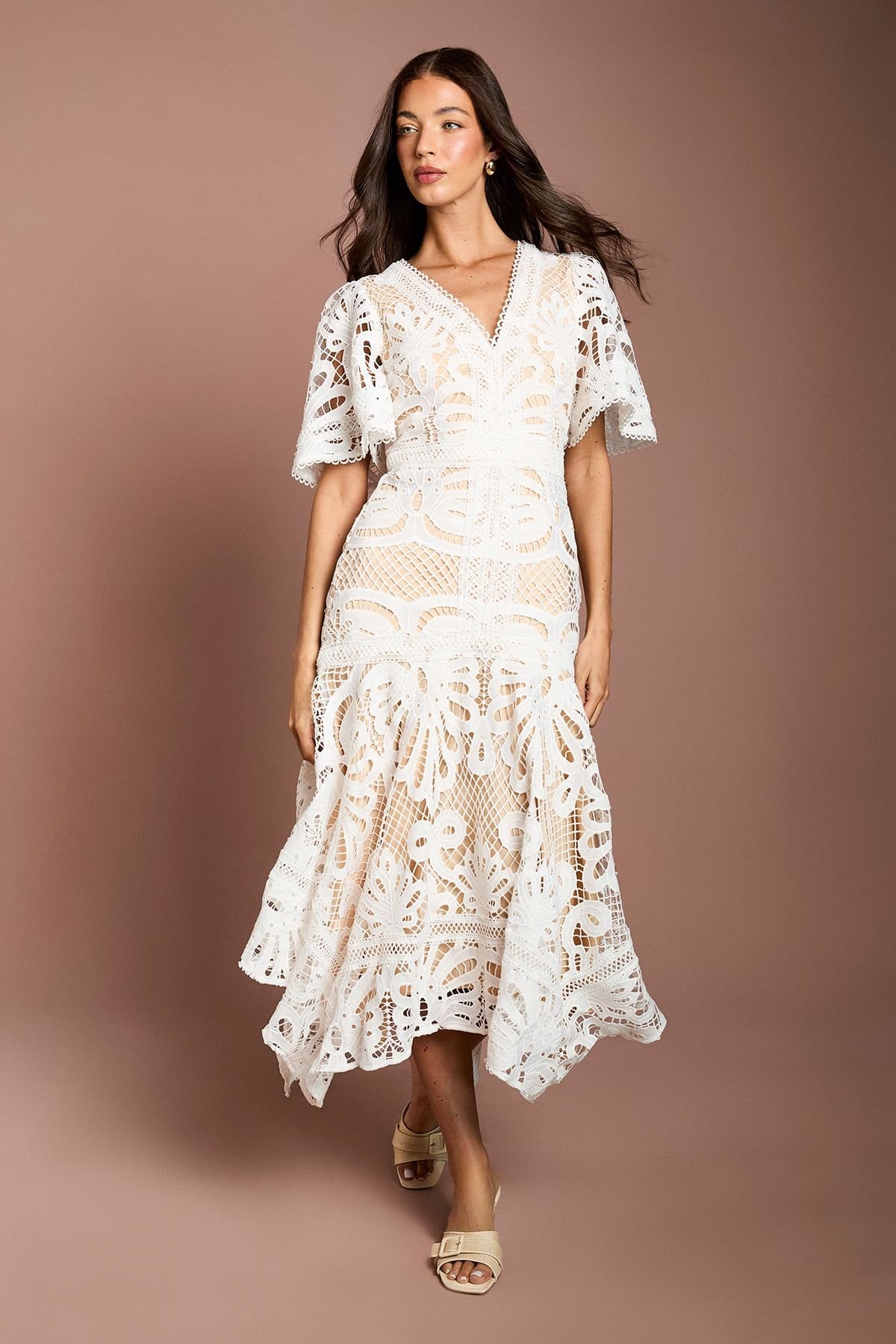Coast Off-White Lace Dress with Hanky Hem