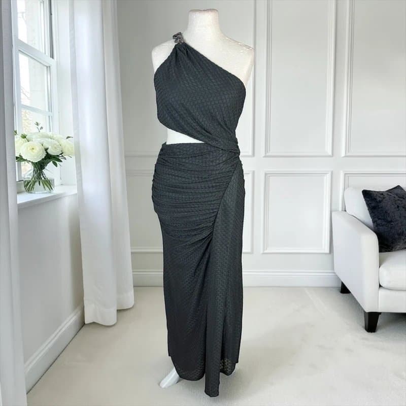 ASOS Design UK 16 ASOS Design One Shoulder Cut Out Ruched Midi Dress Textured Stretch Charcoal Grey