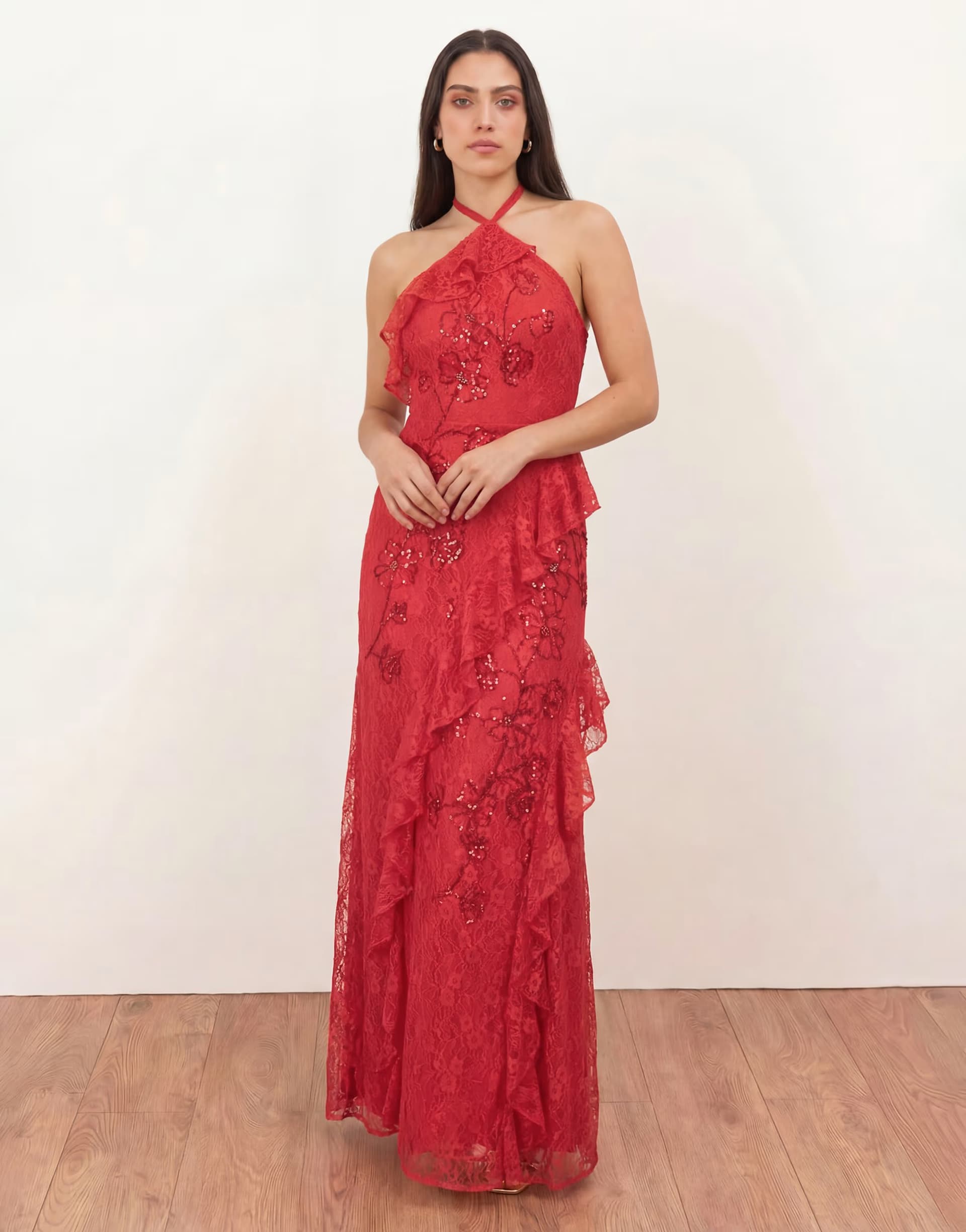 ASOS Maya Embellished halter neck lace maxi dress in pink