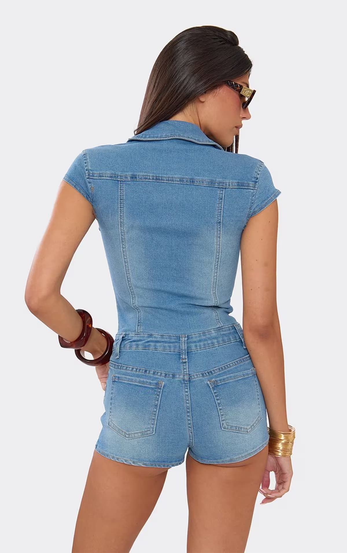 EGO Short Sleeve Button Up Front Micro Playsuit In Mid Blue Denim, Women's Size UK 6