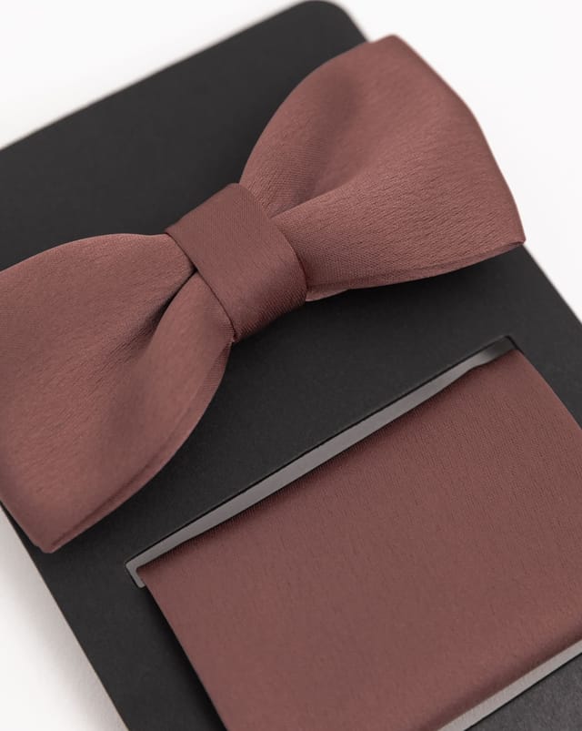 Maya Deluxe Maya Deluxe Men's Satin Bow Tie Pocket Square Set in Dark Mauve - 2