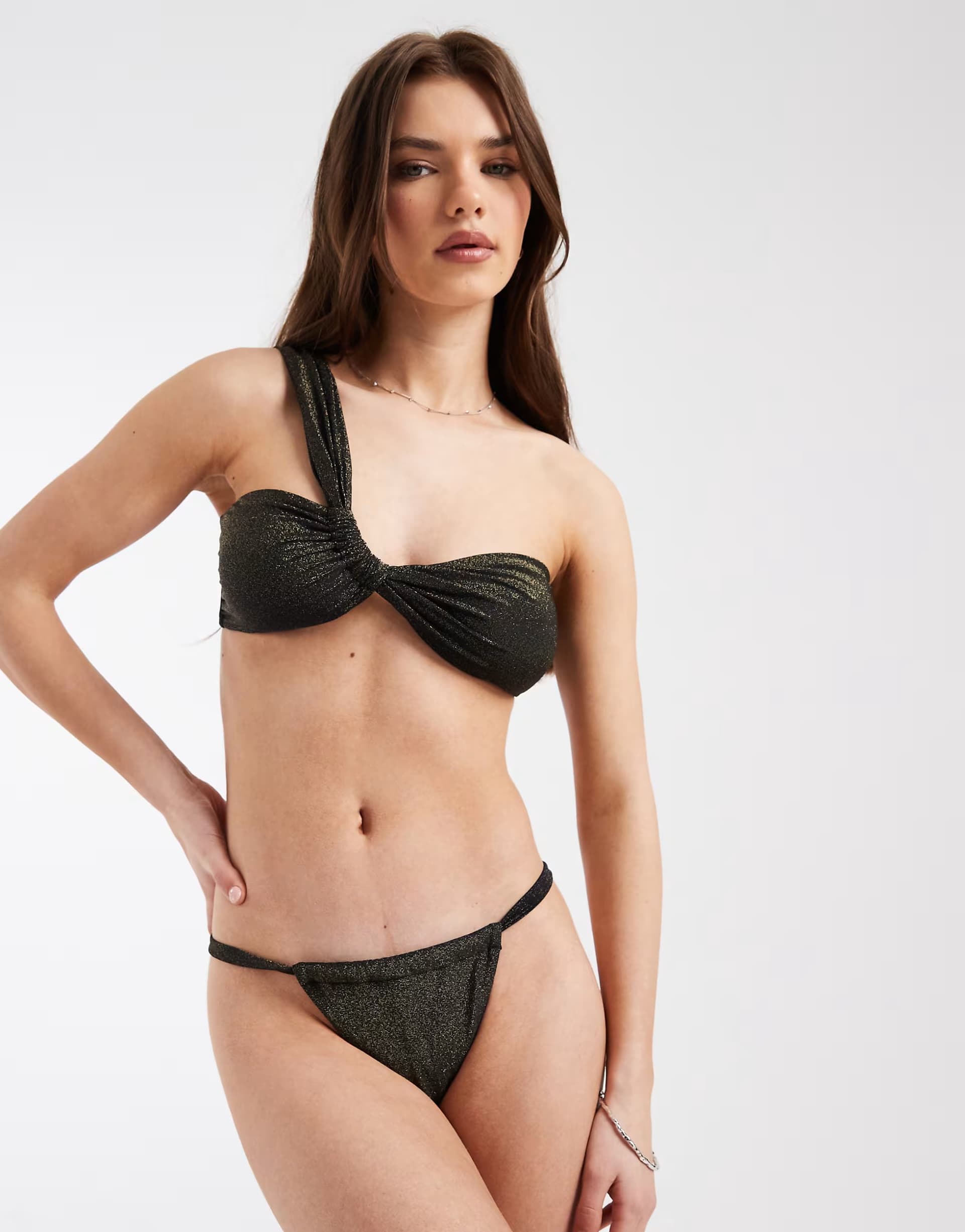 ASOS Pieces string side bikini bottom co-ord in black and gold glitter