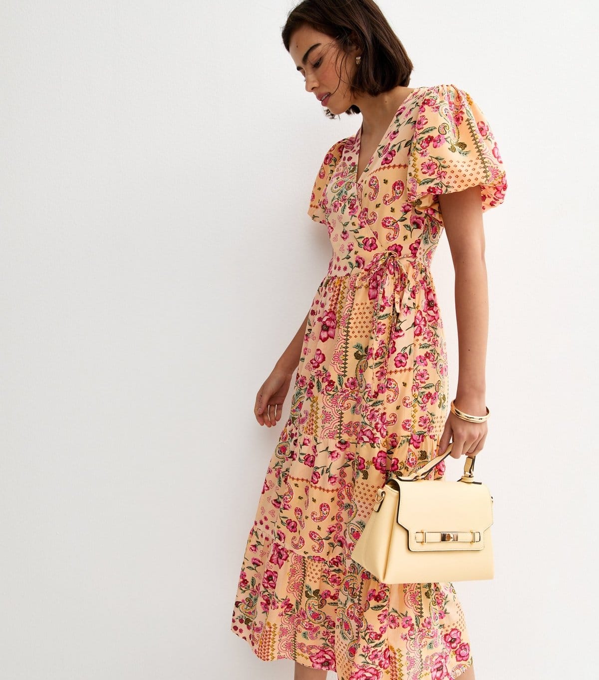 New Look Pink Crepe Patch Print Wrap Midi Dress