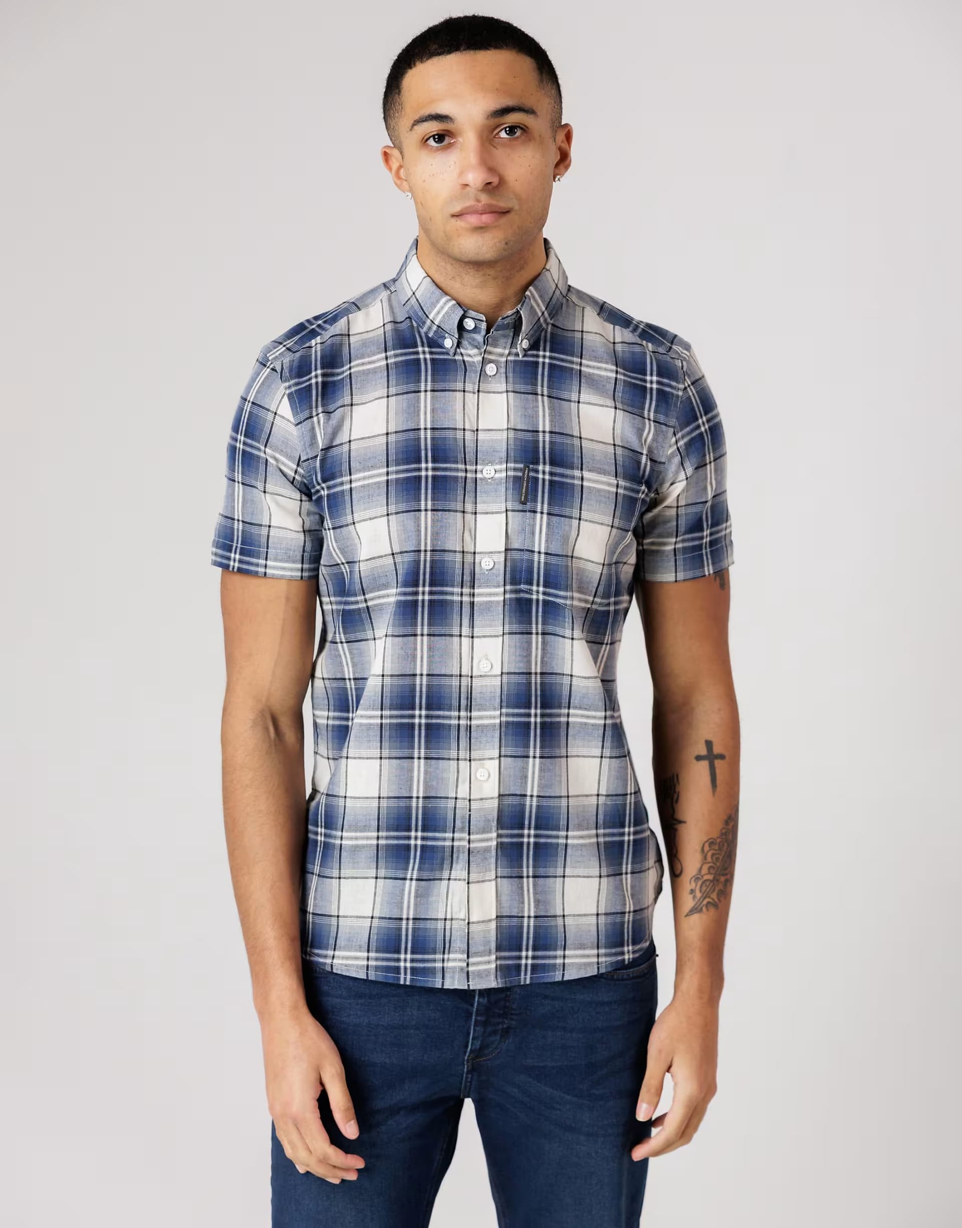 ASOS French Connection Cotton short sleeve checked chest pocket shirt in blue