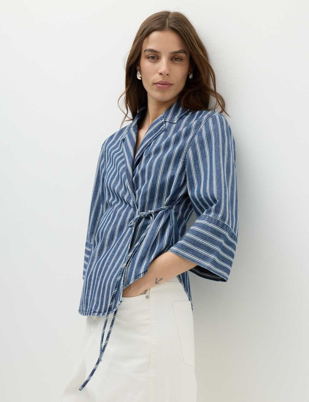 Marks & Spencer M&S Denim Striped Wrap Shirt Blue Denim