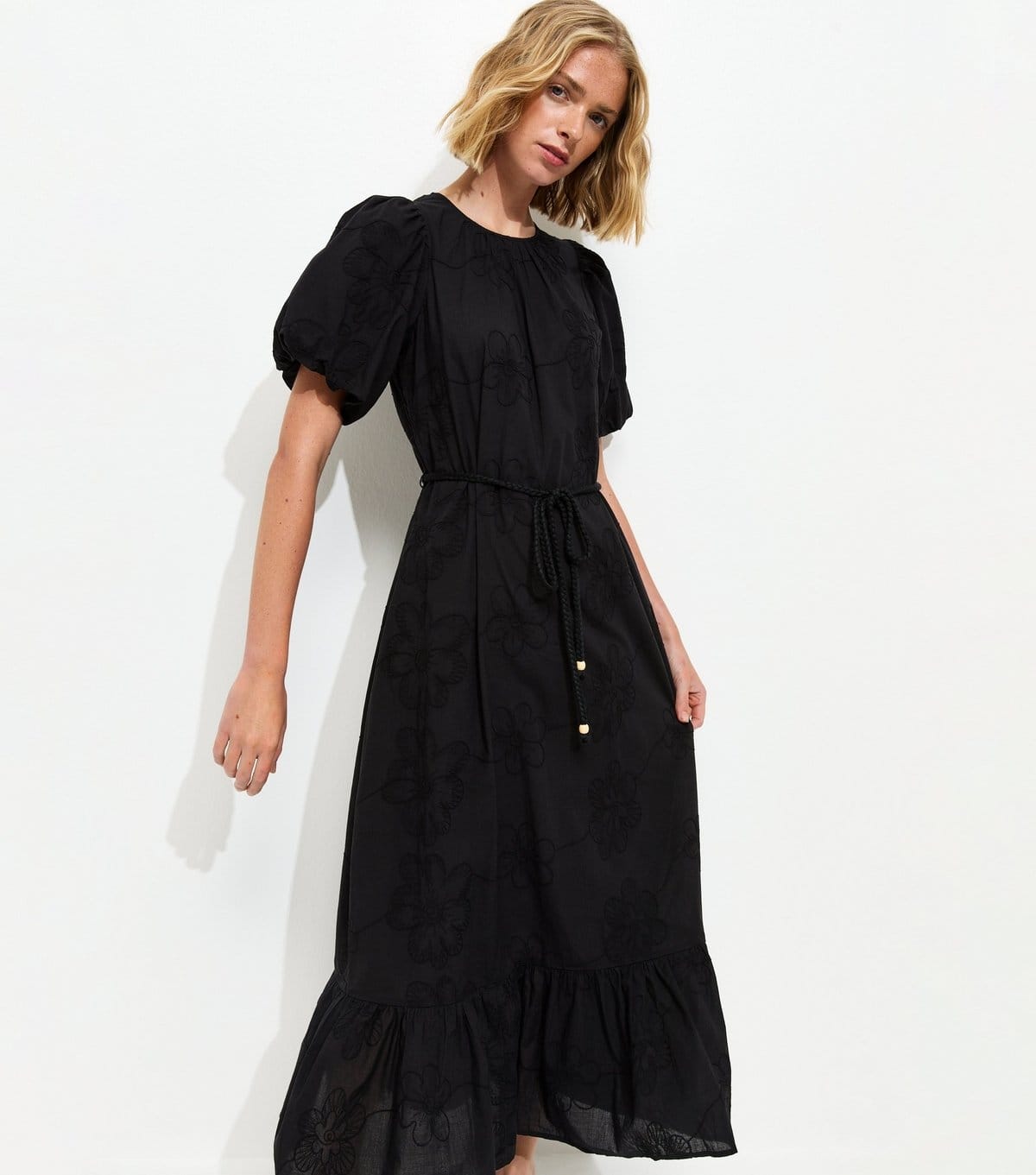 New Look Black Embroidered Puff Sleeve Midi Dress
