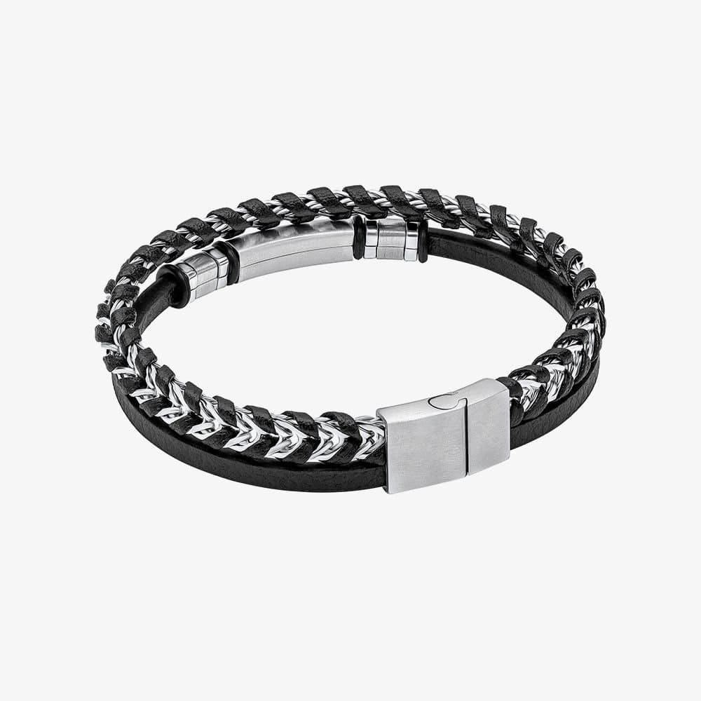 Fred Bennett Fred Bennett Men's Stainless Steel & Black Leather Braided Double Bracelet B5574B