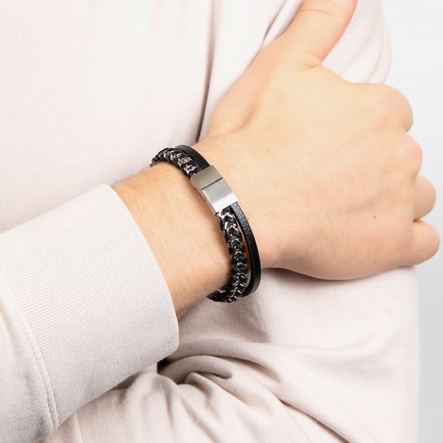 Fred Bennett Fred Bennett Men's Stainless Steel & Black Leather Braided Double Bracelet B5574B - 2