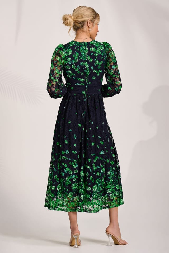 Jolie Moi Jolie Moi Women's Long Sleeve Printed Lace Maxi Dress in Green - 2