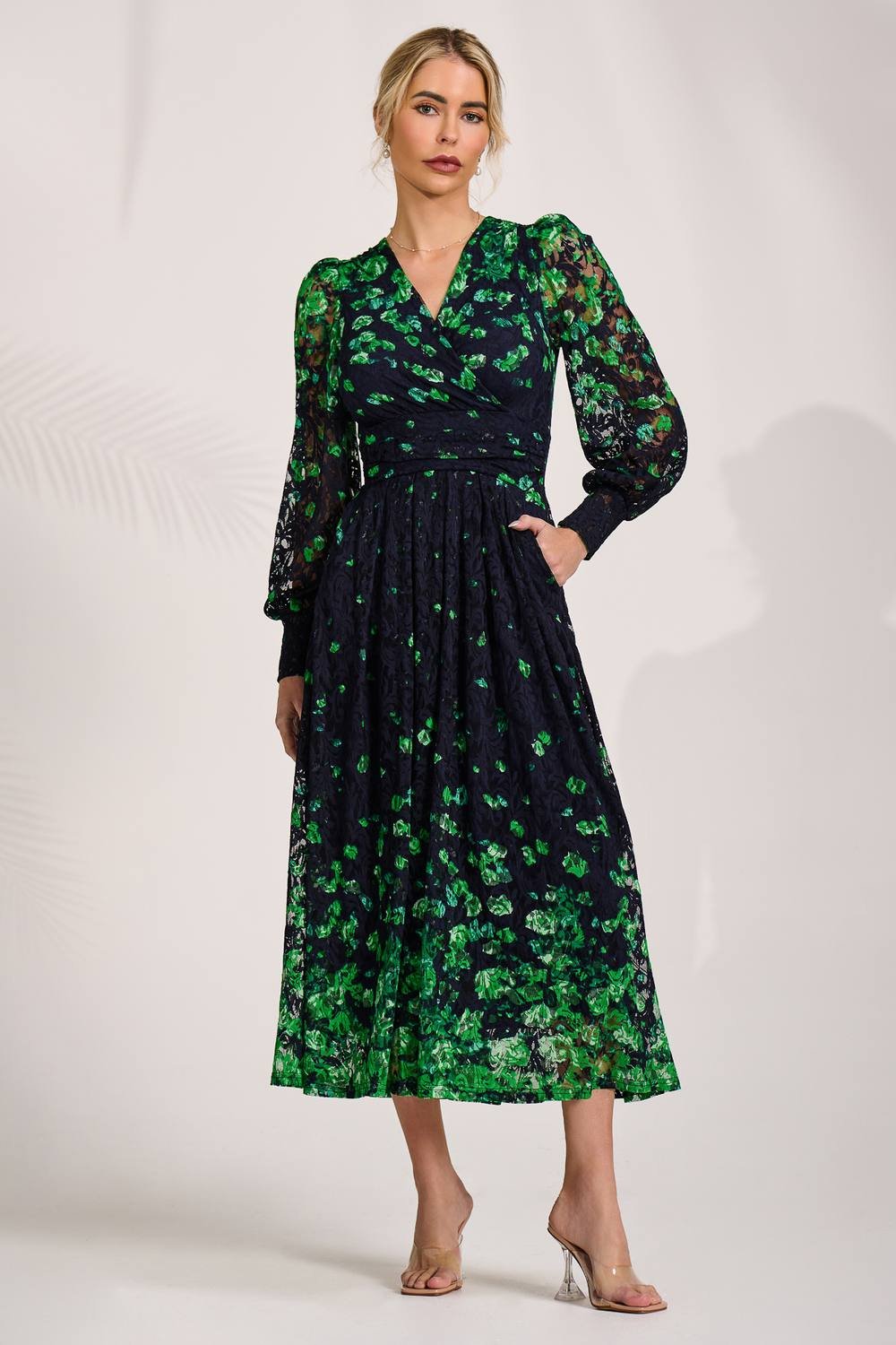 Jolie Moi Jolie Moi Women's Long Sleeve Printed Lace Maxi Dress in Green - 3