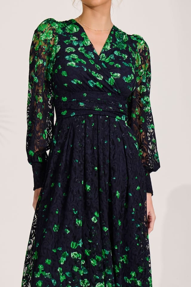Jolie Moi Jolie Moi Women's Long Sleeve Printed Lace Maxi Dress in Green - 3