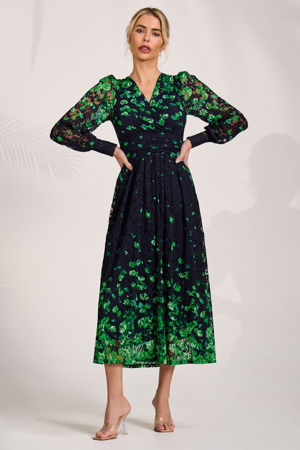 Jolie Moi Jolie Moi Women's Long Sleeve Printed Lace Maxi Dress in Green - 4